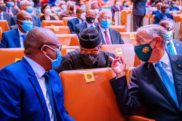 Osinbajo discusses with President of Portugal Marcelo Sousa (Right), President Emablo of Guinea Bissau(Left)