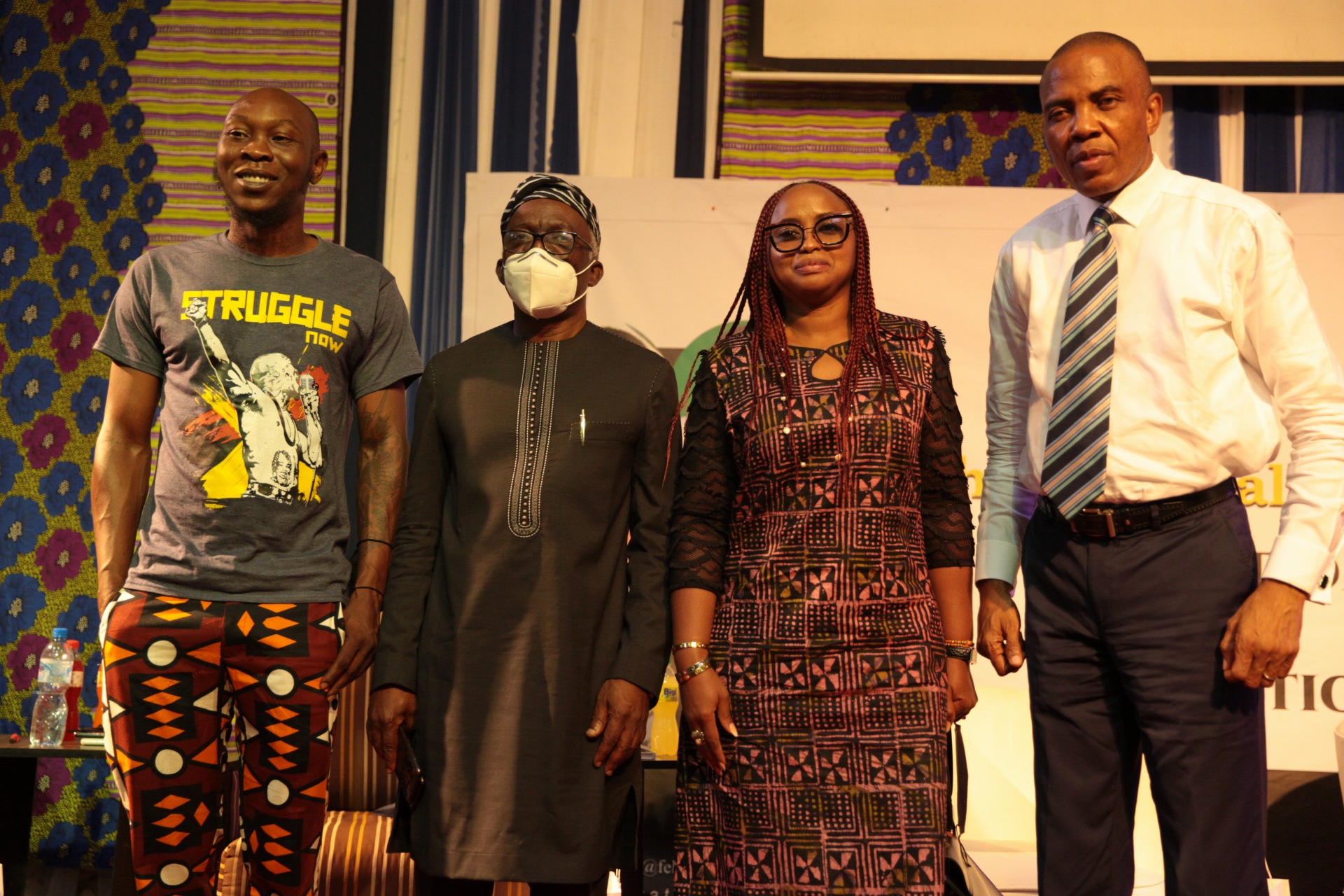 A group photograph of the panlists: L-R The moderator of the debate, Mr Femi Falana SAN and other panelists: Seun Anikulapo Kuti, Arinola Oloko and Mr Tony Nnadi 