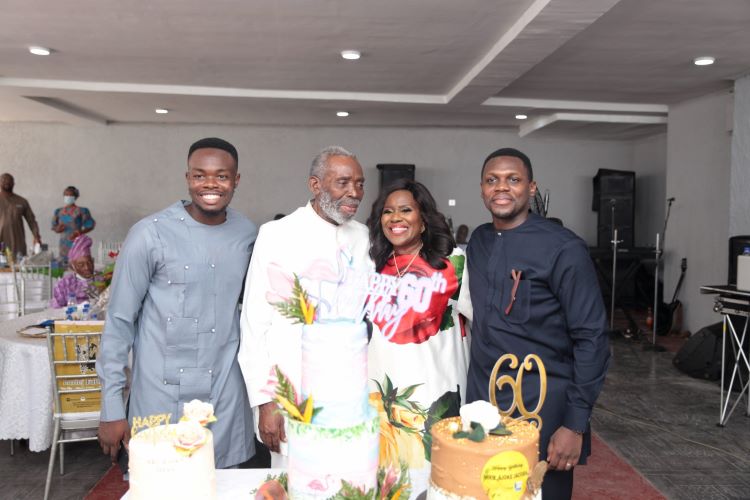The celebrant with her husband Olu Jacobs, and sons, Soji and Gbenga