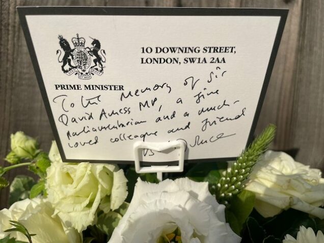 The wreath by Boris Johnson at the church where MP Amess was killed