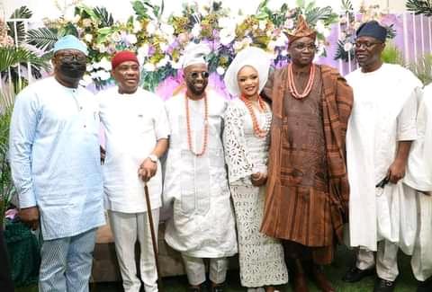 L-R: Governor of Ekiti State, Dr. Kayode Fayemi; Governor of Rivers State, Nyesom Ezenwo Wike; Oluwanigba Fayose and his wife, Olamide; Mrs. Feyisetan Fayose, former Governor of Ekiti State, Ayodele Fayose and the Governor of Oyo State, Seyi Makinde at the wedding of Oluwanigba and Olamide in Lagos on Saturday.