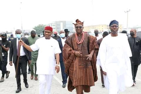 L-R: Governor Rivers State, Nyesom Ezenwo Wike; former Governor of Ekiti State, Ayodele Fayose and the Governor of Oyo State, Seyi Makinde at the wedding of Oluwanigba and Olamide in Lagos on Saturday.