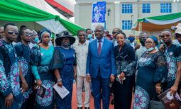 (Front): Edo State Governor, Mr. Godwin Obaseki (4th right); his wife, Mrs. Betsy (3rd right); Edo State Deputy Governor, Rt. Hon. Comrade Philip Shaibu (middle); widow of Sir Victor Uwaifo; Mrs. Osaretin Uwaifo; (4th left), with other members of Uwaifo’s family, at the lying-in state for late Uwaifo, in Benin City, on Friday, October 15, 2021.