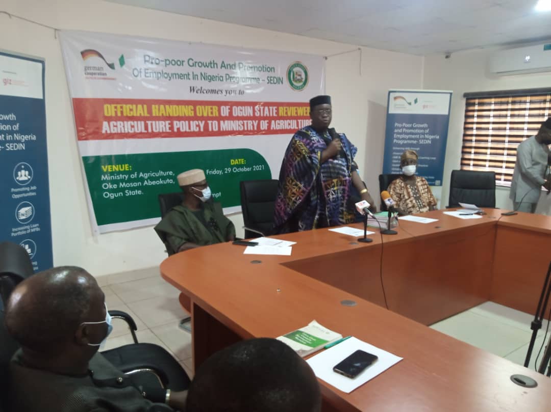 Ogun Commissioner for Agriculture, Dr. Adeola Odedina Speaking during the official handling over ceremony of the new agriculture policy document in Abeokuta,.