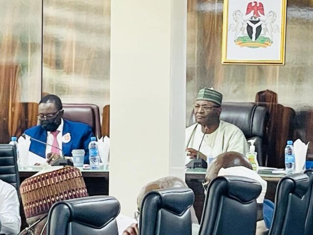 National Security Adviser Maj.-Gen. Babagana Monguno (RTD) and INEC Chairman, Mahmood Yakub, at the Inter-Agency Consultative Committee on Election Security (ICCES) meeting on Anambra election on Monday in Abuja.