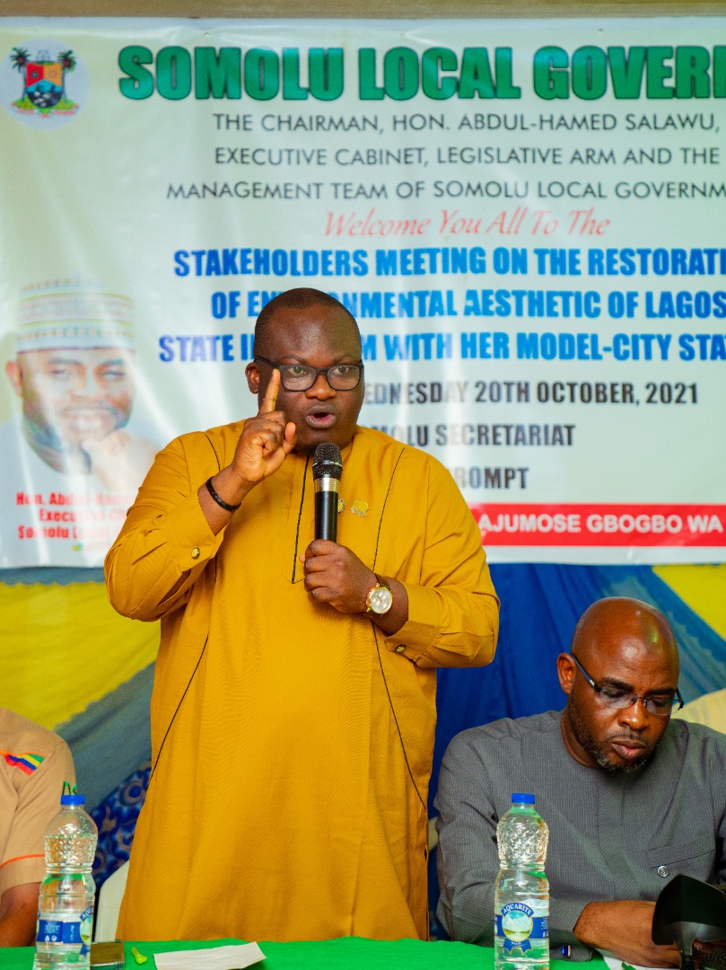 Chairman of Somolu Local Government Council, Hon. Abdul-Hamed Salawu, during his address, at the stakeholder’s meeting, organised by LAWMA, at the council's secretariat, Oguntolu, on Wednesday, 20th October, 2021.