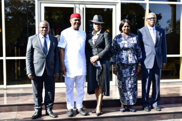 L-R: Chief Judge of Rivers State, Hon. Justice Simeon Amadi; Governor of Rivers State, Nyesom Ezenwo Wike; Hon. Justice Eberechi Suzzette Nyesom-Wike; Deputy Governor of Rivers State, Dr. Ipalibo Harry-Banigo and the Acting President Customary Court of Appeal, Rivers State, Hon. Justice Ihenacho Wilfred Obuzor at the Government House, Port Harcourt on Thursday after Justice Obuzor’s swearing in