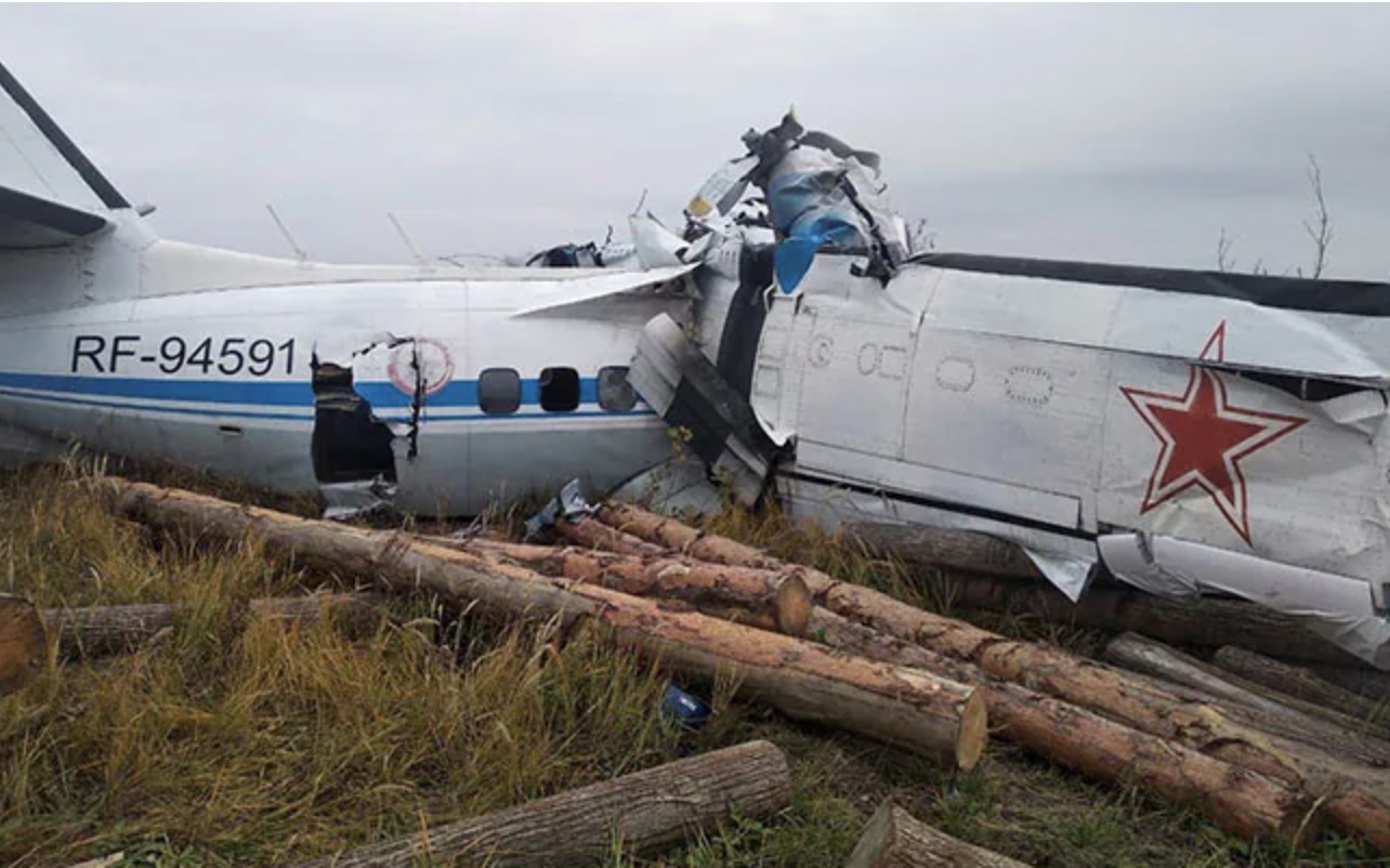 wreckage of the L-410 plane at the crash site near the town of Menzelinsk
