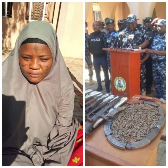 Suspected supplier of arms and ammunition to bandits, Fatima Lawali and the ammunition seized from her when she was paraded by the police in Zamfara alongside other arrested suspected bandits
