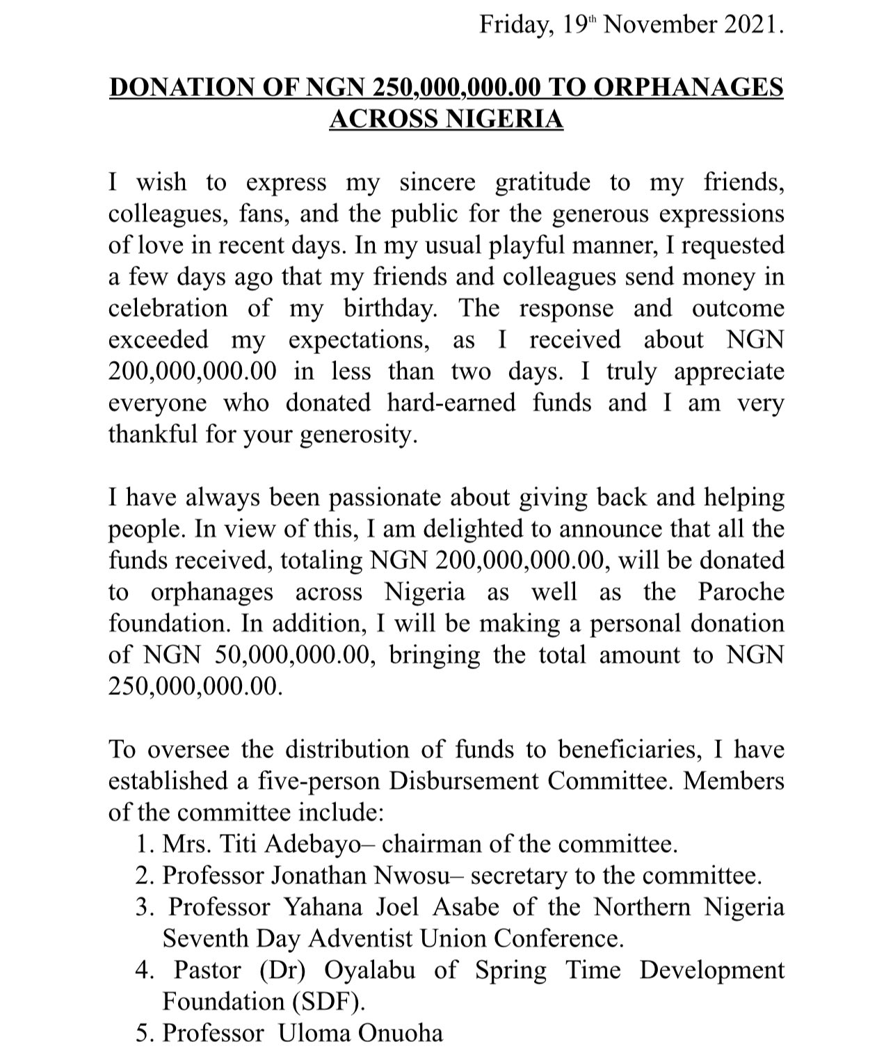 Davido statement