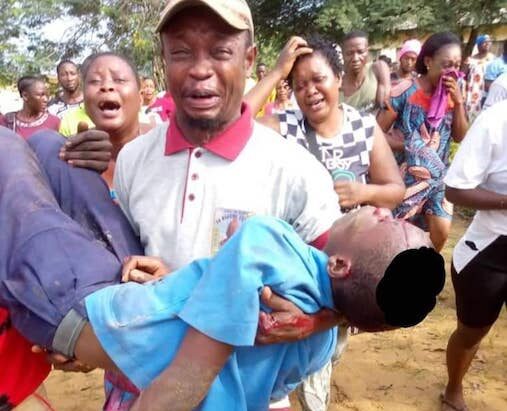 A bereaved parent at Government Bilingual High School in Ekondo Titi