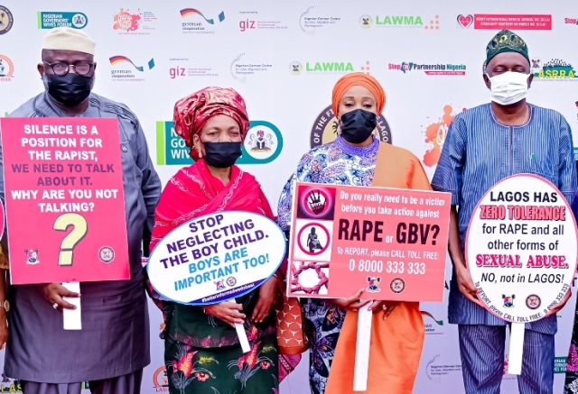 L-R: Lagos State Commissioner for Physical Planning and Urban Development, Dr Idris Salako; former First Lady of the state, Alhaja Abimbola Jakande; Representative of the First Lady/Wife of the Deputy Governor, Mrs Oluremi Hamzat; and representative of Mr Governor/Commissioner for Housing, Mr. Moruf Akinderu-Fatai, at the 2nd Community Sensitization Programme/ 16 Days of Activism against Sexual and Gender-Based Violence organized by the Office of First Lady, held at Lagos House, Alausa, Ikeja on Monday