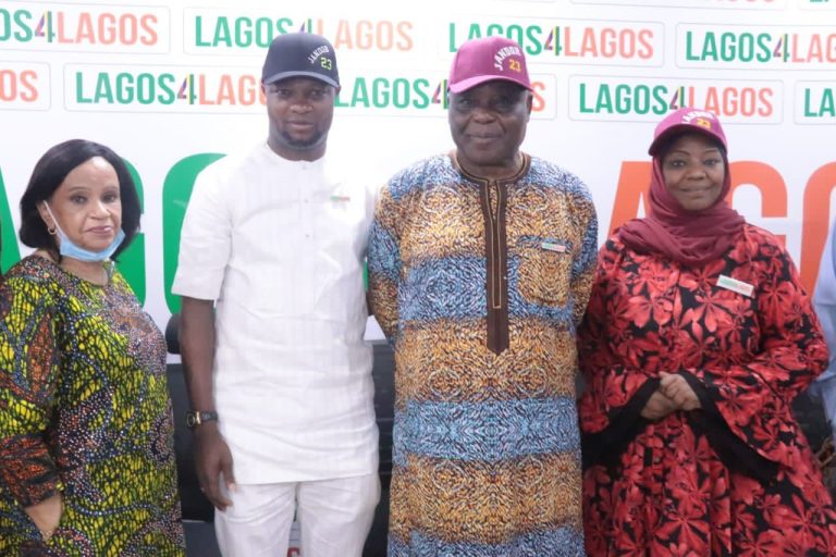 L-R. Dr Olajide Adediran, APC factional leader, 2nd left and Dokpesi, PDP leader in Lagos