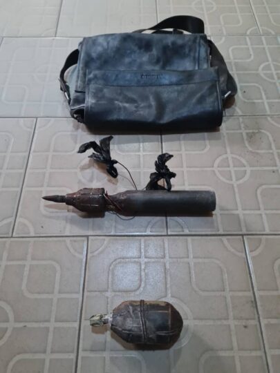 The explosives –  RPG Bomb and a hand grenade recovered by the Police at Afor Nnobi, Idemili South Local Government Area of the state, location of the fierce exchanges between security agencies and the suspected insurgents.