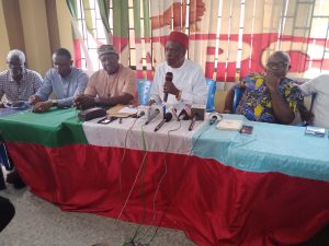 Chief Basil Ejidike, Chairman of APC in Anambra speaking at a press conference in Awka on Monday where he denies calling for the cancellation of the state’s  governorship election.