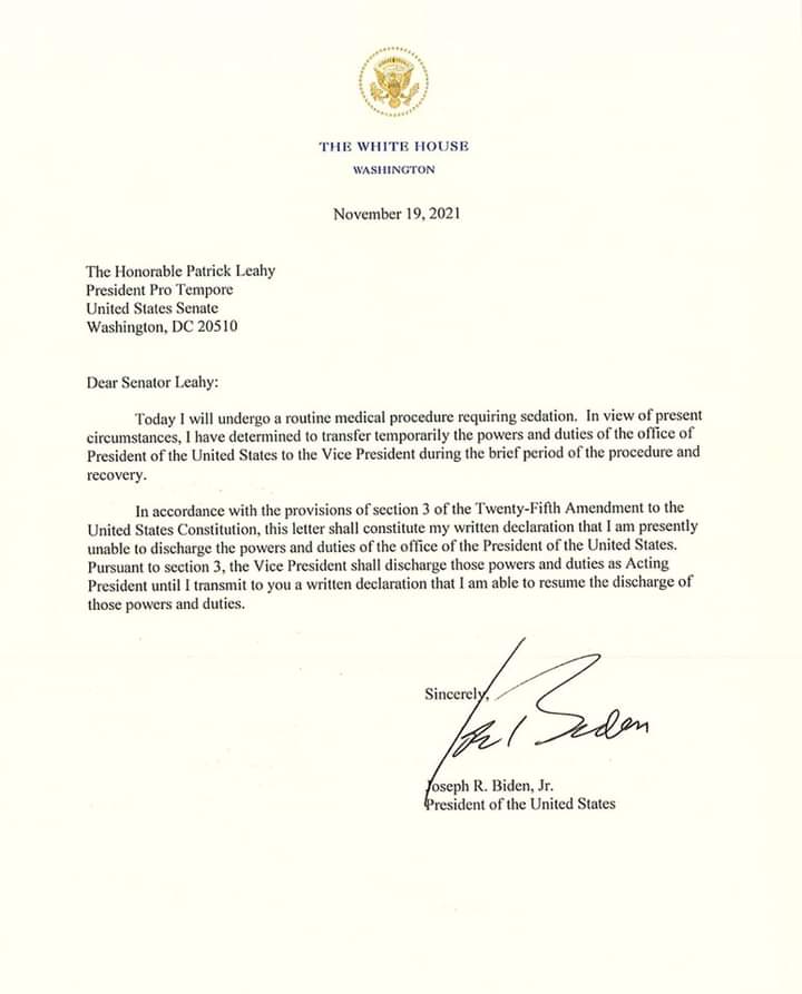Biden's letter transferring presidential power to VP Harris