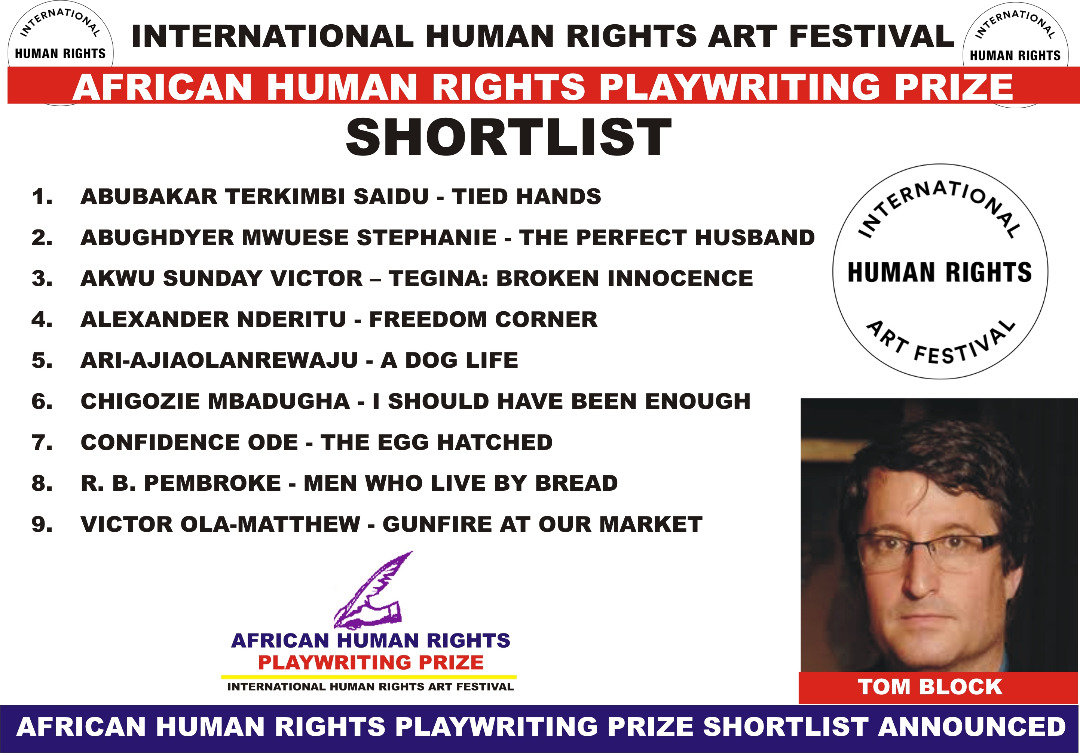 International Human Rights Art Festival Organizers shortlist nine top entries for International Human Rights Playwriting Competition