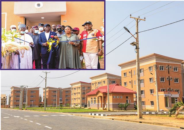 The Ibeshe Housing Scheme commissioned by Governor Babajide Sanwo-Olu on Thursday, November 25, 2021. INSET L-R: Olubeshe of Ibeshe Kingdom, Oba Babayomi Ogunsanya; Lagos Deputy Governor, Dr. Obafemi Hamzat; Governor Babajide Sanwo-Olu; his Special Adviser to the Governor on Housing, Mrs. Toke Benson-Awoyinka and Commissioner for Housing, Hon. Moruf Akinderu Fatai during the commissioning.