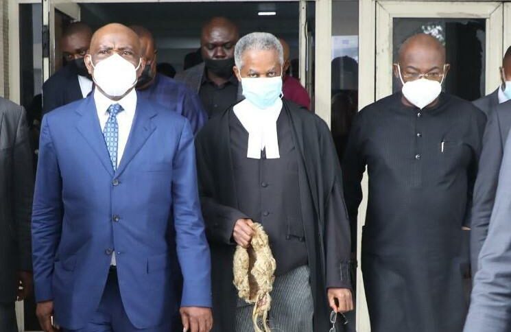 L-R Governor of Rivers State, Nyesom Ezenwo Wike; his lead counsel, Emmanuel Ukala, SAN