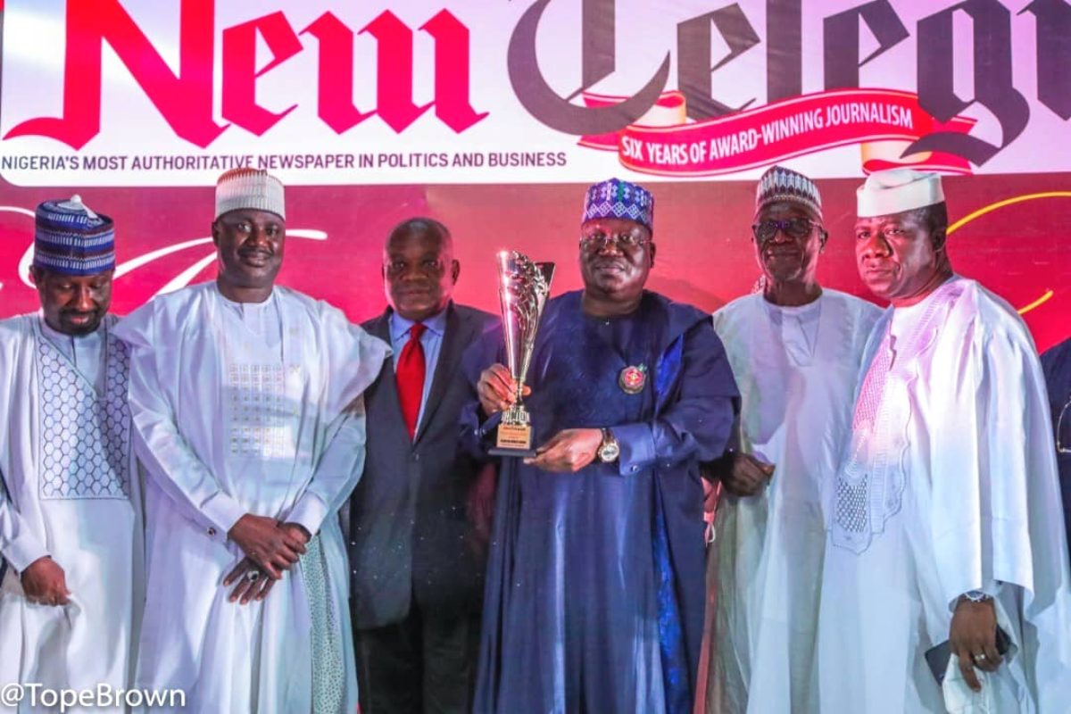 Senate President Ahmad Lawan surrounded by other senators while receiving the New Telegraph’s Lifetime Achievement Award in Politics in Lagos on Friday