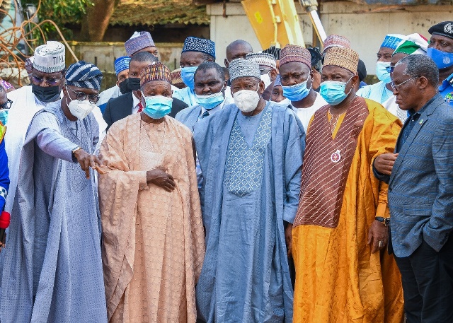 L-R: Lagos State Governor, Mr. Babajide Sanwo-Olu; his counterparts, Governor Aminu Masari of Katsina; Alhaji Abdullahi Umar Ganduje of Kano; former Governor of Kano State, Senator Kabiru Gaya and the Chairman, Tribunal of Inquiry into the Ikoyi building collapse, Mr. Toyin Ayinde during a visit to the site of the collapsed building at Gerrard, Ikoyi, on Wednesday