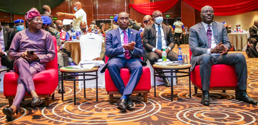 L-R: Lagos State Head of Service, Mr. Hakeem Muri-Okunola, Deputy Governor, Dr Kadri Obafemi Hamzat and Special Adviser to the Governor on Internal Audit, Mr Abayomi Oluyomi at the Opening of the14th Annual Retreat for Internal Auditors held at the Lagos Continental Hotel, Victoria-Island, Lagos on Thursday.