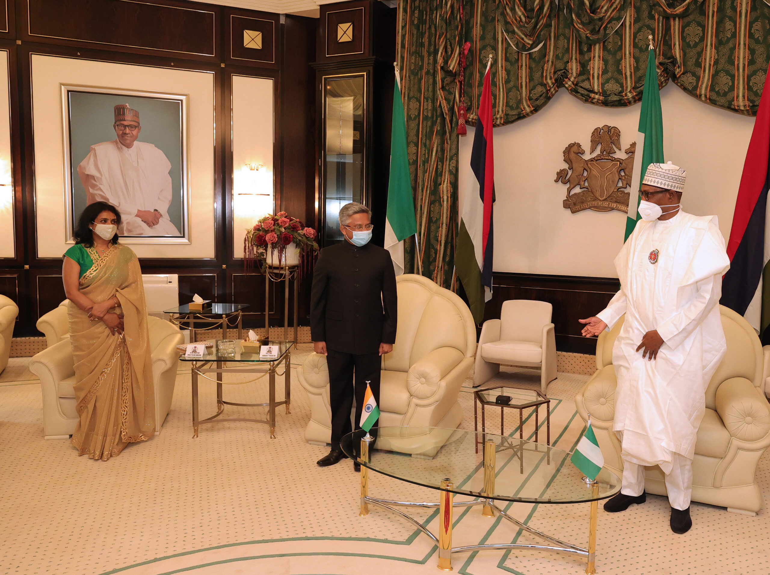 PRESIDENT BUHARI IN A FAREWELL AUDIENCE WITH TWO OUTGOING ENVOYS.; INDIA HIGH COMMISSIONER, ABHAY THAKUR AND ITALIAN AMBASSADOR, STEFANO PONTESILLI AT THE STATE HOUSE, ABUJA. PHOTO; SUNDAY AGHAEZE. NOV 26TH 2021.