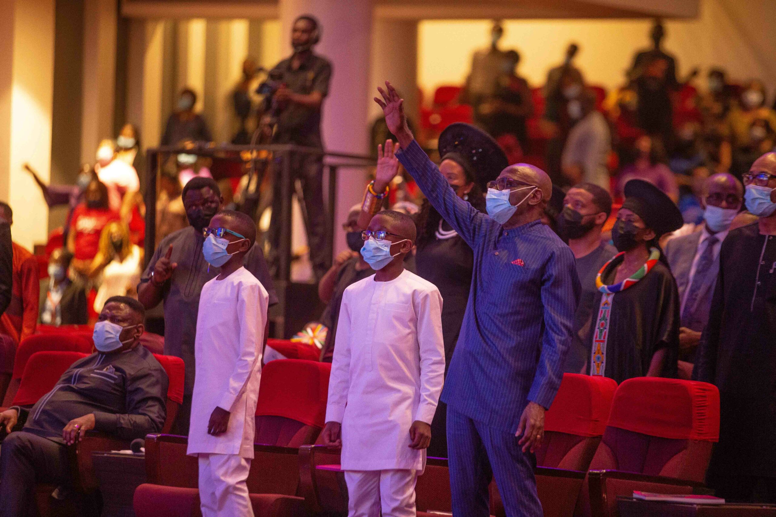 Pastor Taiwo Odukoya, husband of the deceased and his sons, Timilehin and Jomiloju at the night of tibutes for the late Pastor Nomthi Odukoya in Lagos, on Monday