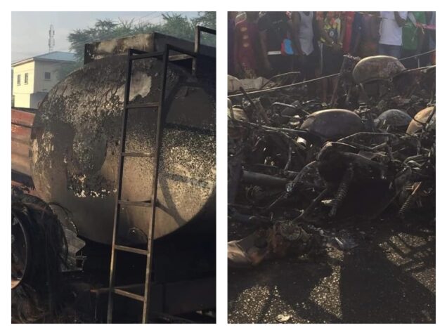 The exploded fuel tanker and wreckage it caused in Freetown