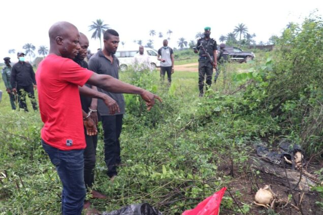Frank Ishie ,the leader of the kidnap gang showing the spot where the remains of   the  retired Army Captain, Godfrey Zwallmark, who abducted in September 18, 2021 was dumped