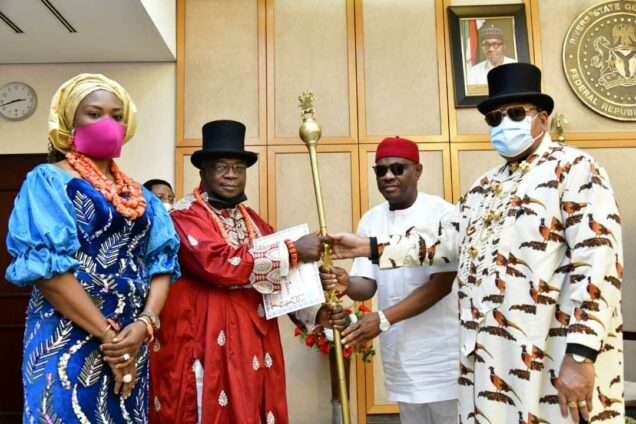 Governor of Rivers State, Nyesom Ezenwo Wike (2nd right), HRM Eze Barr. Uchechukwu Isaiah Elikwu,   Eze Epara Rebisi, XII (2nd left),Chairman of Rivers State Traditional Rulers Council and Amanyanabo of Opobo Kingdom, Jeki V, King Dandeson Douglas Jaja (1st right) during the presentation of Certificate of Recognition and Staff of Office to Eze Barr. Uchechukwu Isaiah Elikwu at the Government House, Port Harcourt on Wednesday.