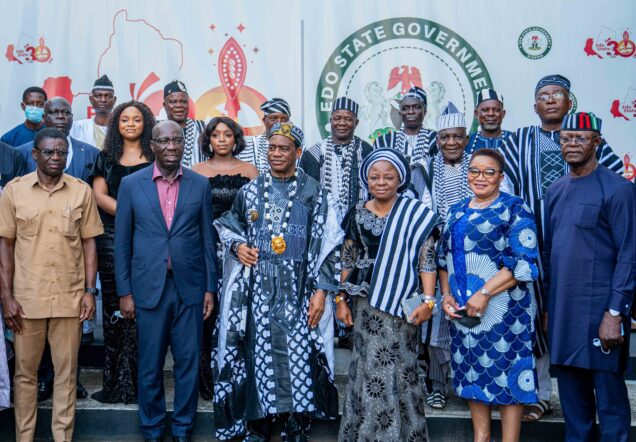 L-R (Front row): Edo State Deputy Governor, Philip Shaibu; Governor Godwin Obaseki; Tor Tiv and Chancellor, University of UNIBEN, His Royal Majesty Orcivirigh Prof. James Ortese, his wife, Prof. (Mrs) Felicia Ayatse; Vice-Chancellor, UNIBEN, Prof. Lilian Salami, and Deputy Governor, Benue State, Dr. Sonny Kuku.