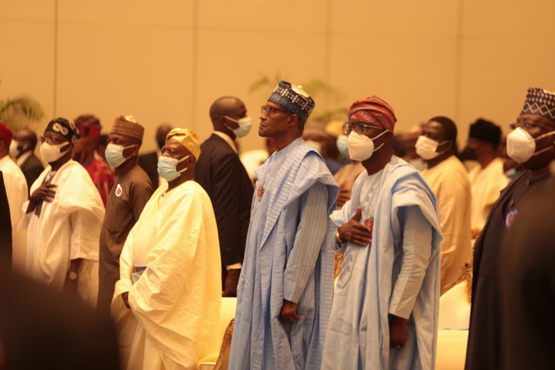 L-R: Tinubu, Akande, Buhari and Sanwo-Olu at the unveiling of the book