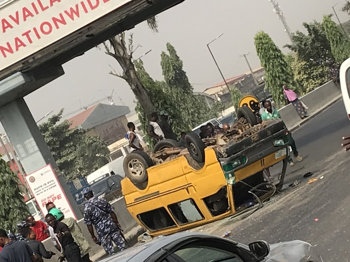 A commercial bus somersaulted in Lagos