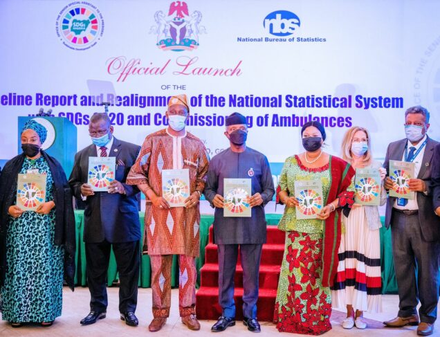 Third from right: Princess Orelope- Adefulire, Vice President Osinbajo and others  with the  Report on the ‘Review of Baseline and Realignment of the National Statistical System with SDGs, 2020’ on Tuesday in Abuja
