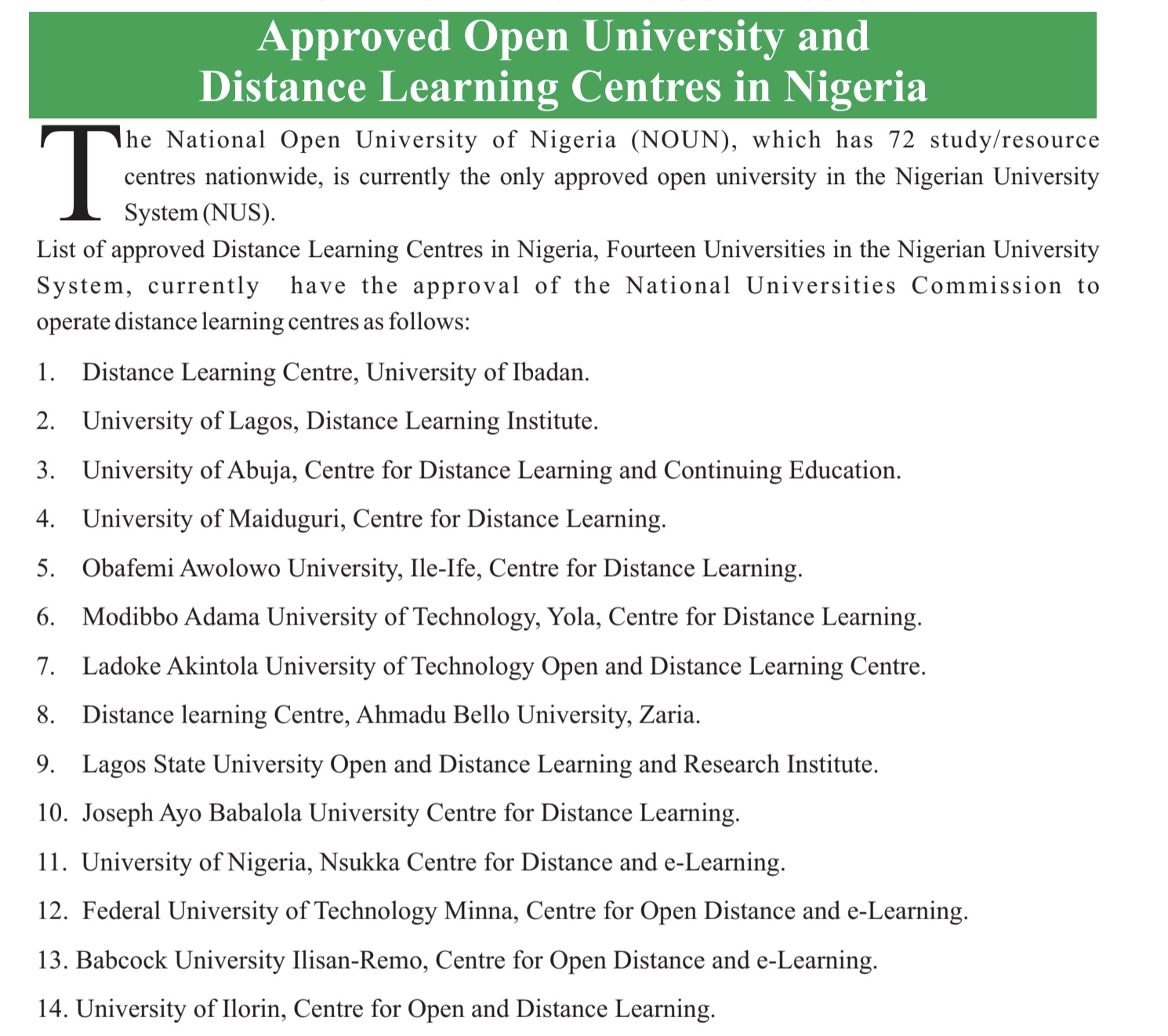 Approved Open University and Distance Learning Centres