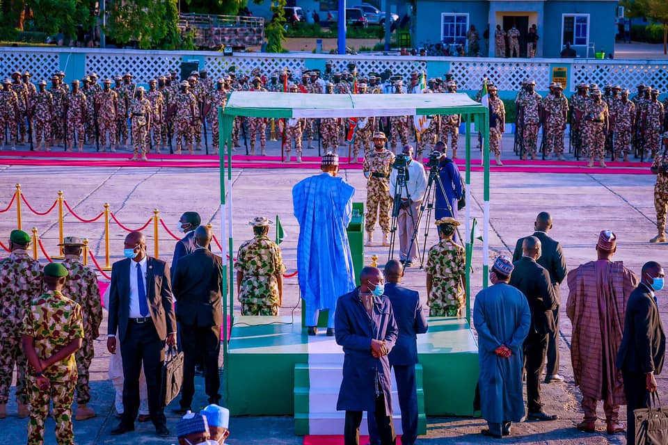The president addressing troops in Maiduguri