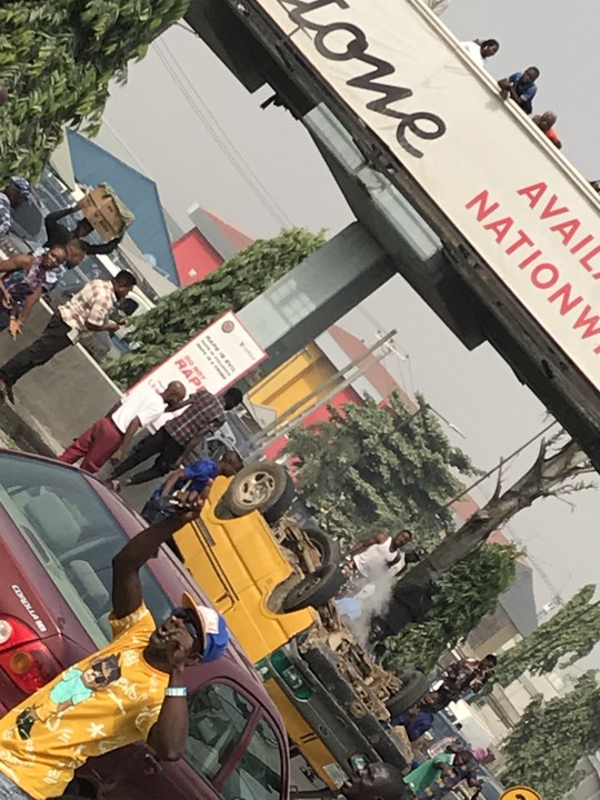 A commercial bus somersaulted in Lagos. Photo: Nairaland