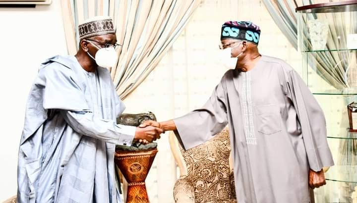 Former governor Ibrahim Shekarau with National leader of APC, Asiwaju Bola Ahmed Tinubu at the meeting in Lagos on Sunday
