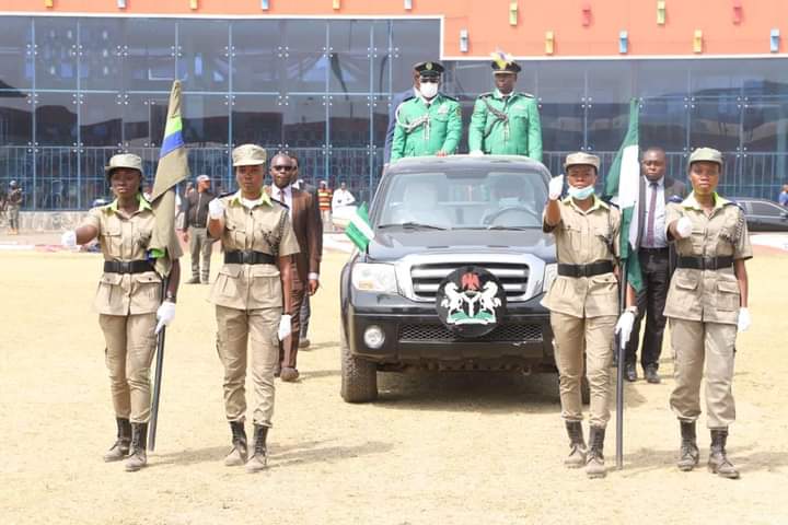 Governor David Umahi inspecting parade of Ebonyi State Command of the South East Security network, codenamed Ebubeagu at the Pa Ngele Oruta Township Stadium on Wednesday