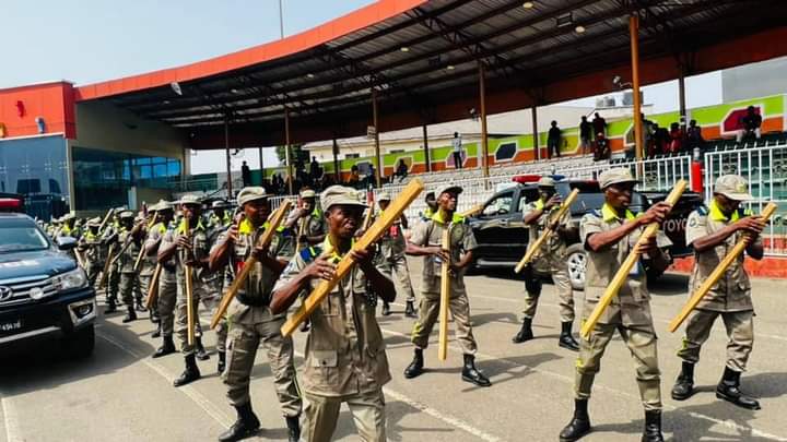 Governor David  Umahi inspecting parade of Ebonyi State Command of the South East Security network, codenamed Ebubeagu at the Pa Ngele Oruta Township Stadium on Wednesday 