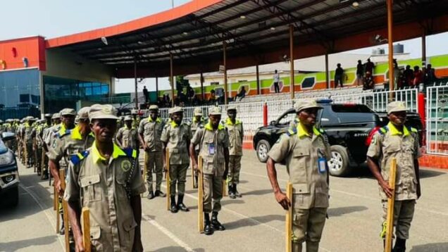 Governor David  Umahi inspecting parade of Ebonyi State Command of the South East Security network, codenamed Ebubeagu at the Pa Ngele Oruta Township Stadium on Wednesday