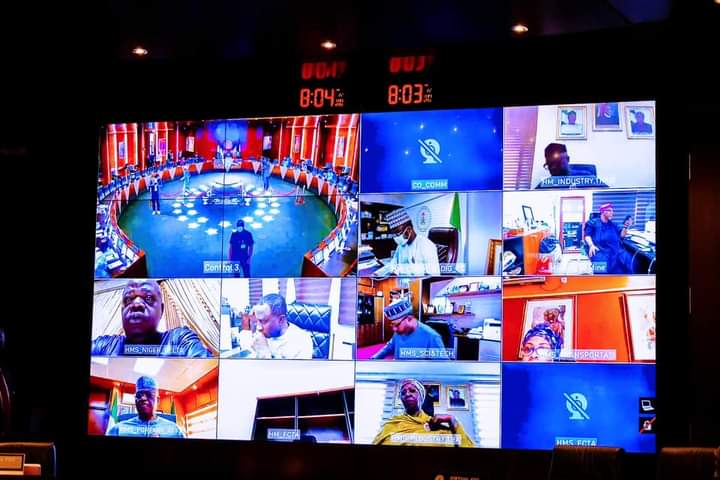 Ministers participating virtually  at the ongoing  extraordinary meeting of FEC at the Presidential Villa, Abuja on Thursday