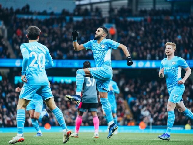 Mahrez jumps for joy after scoring for Manchester City