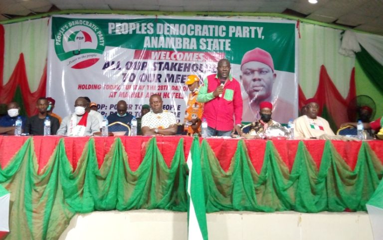 Ndubuisi Nwobu, Chairman of PDP in Anambra speaking at the stakeholders' meeting