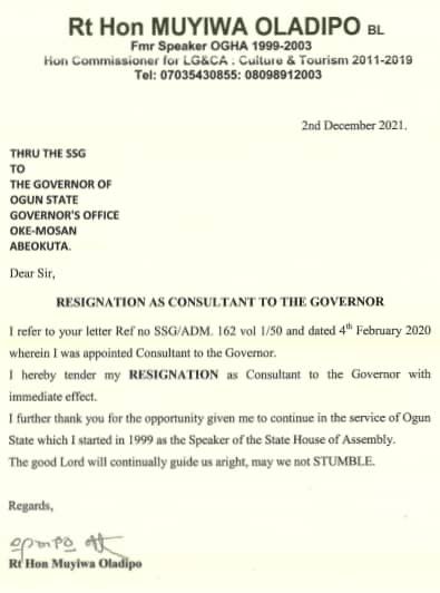 Oladipo's resignation letter