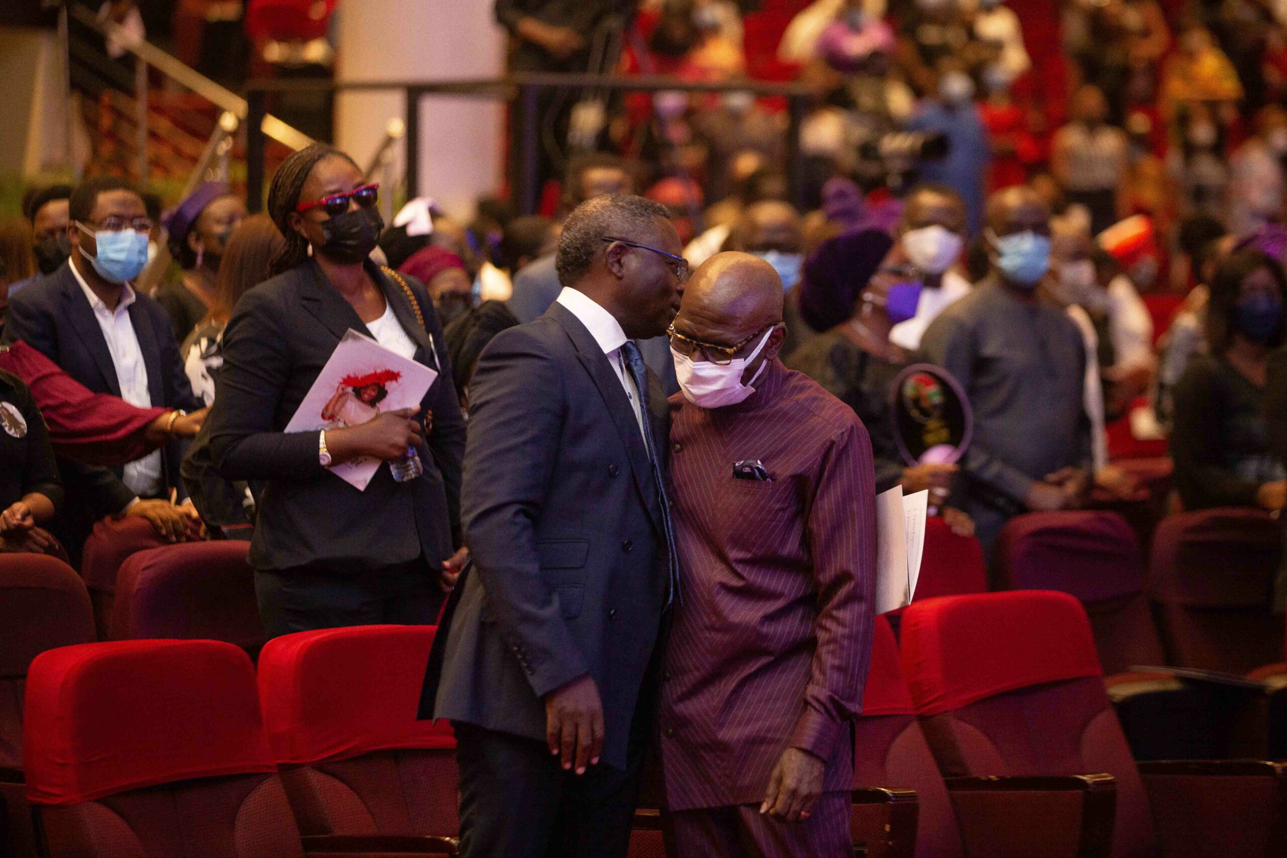 Pastor Matthew Ashimolowo and Pastor Taiwo Odukoya, husband of the deceased at the funeral of the late Pastor Nomthi Odukoya in Lagos on Tuesday