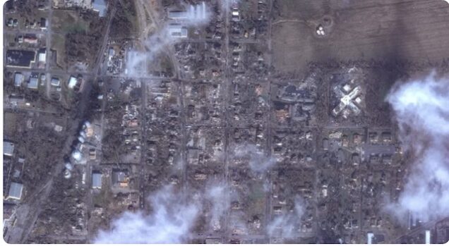 Satellite image of Mayfield Kentucky destroyed by tornadoes Friday night