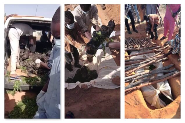 The charred bodies retrieved from the bus brought for burial in a Sokoto village