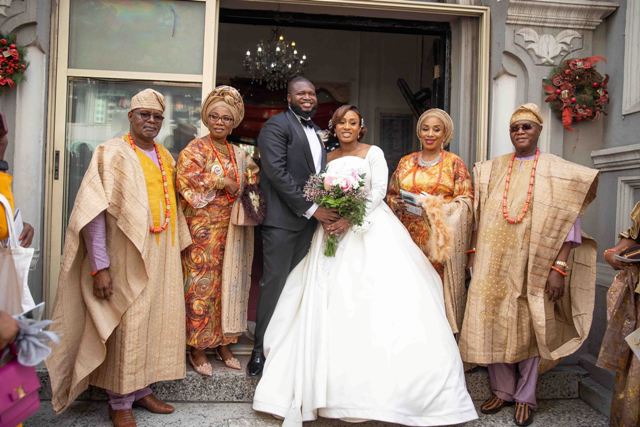 Obafemi Shyllon and Ademide with their parents at the wedding held in Lagos on Thursday